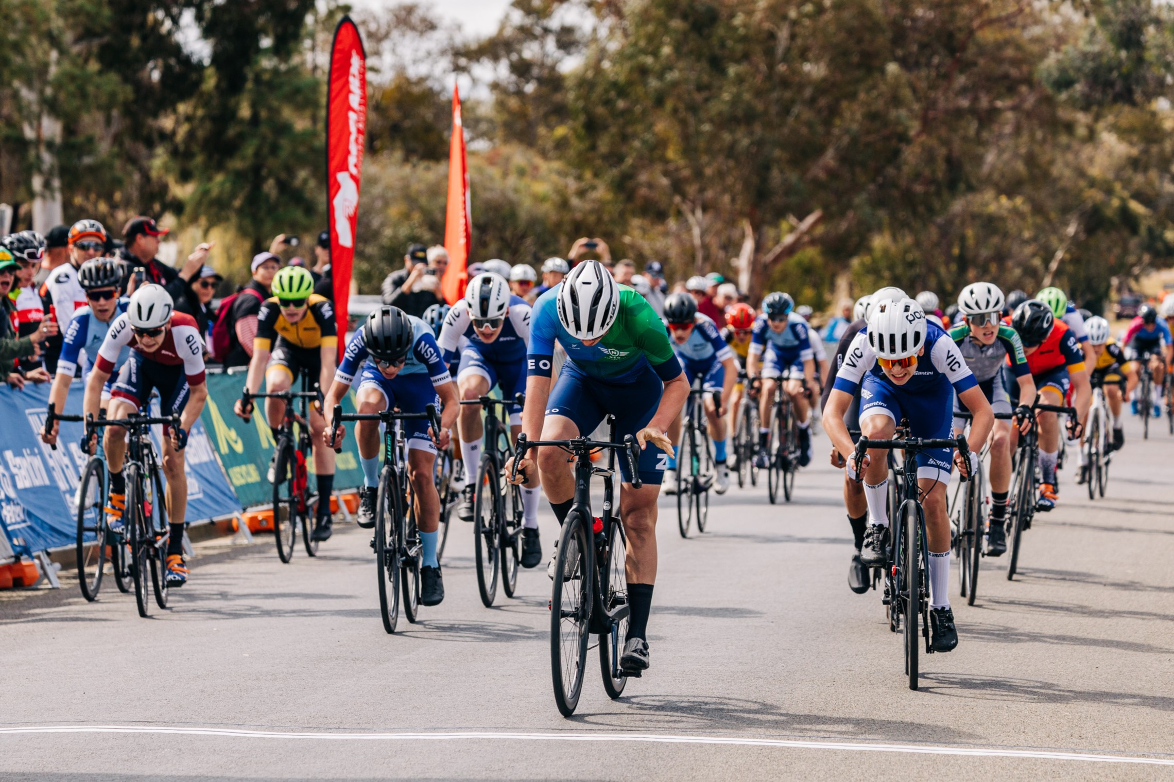 A bunch sprint in the under-15 boys road race at the 2024 AusCycling Masters & Junior Road National Championships in Loxton